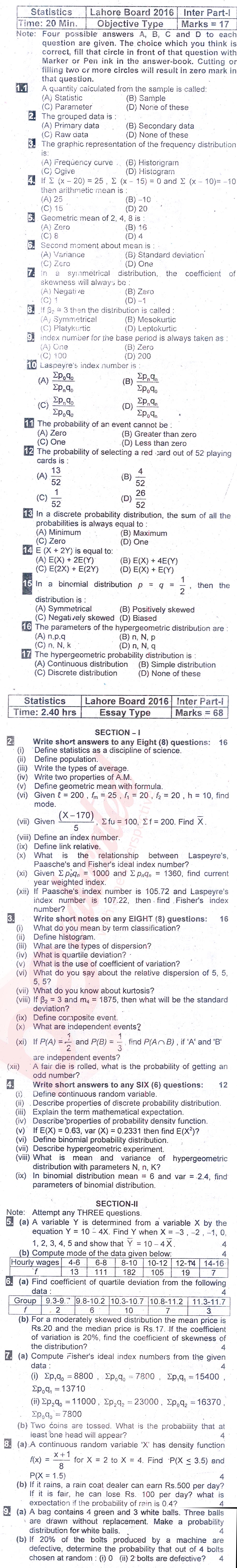 Statistics ICS Part 1 Past Paper Group 1 BISE Lahore 2016