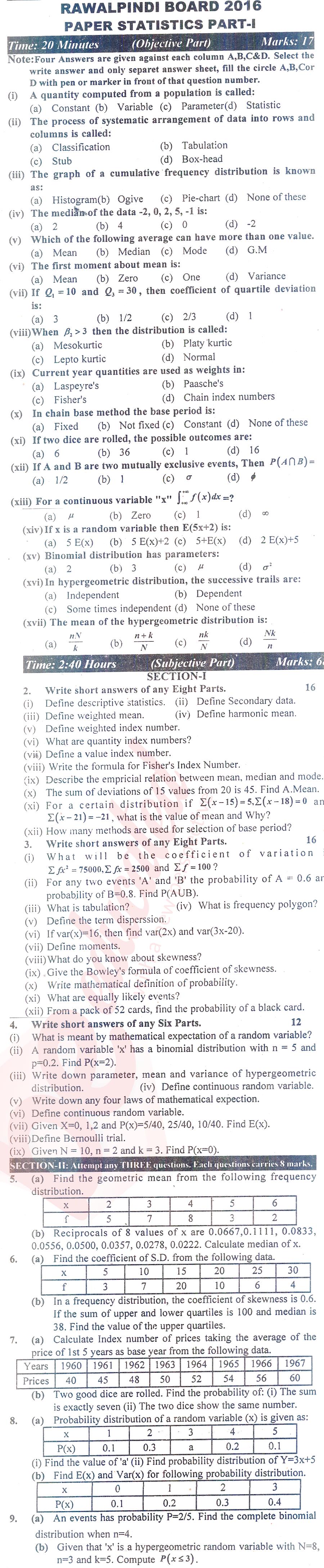 Statistics ICS Part 1 Past Paper Group 1 BISE Rawalpindi 2016