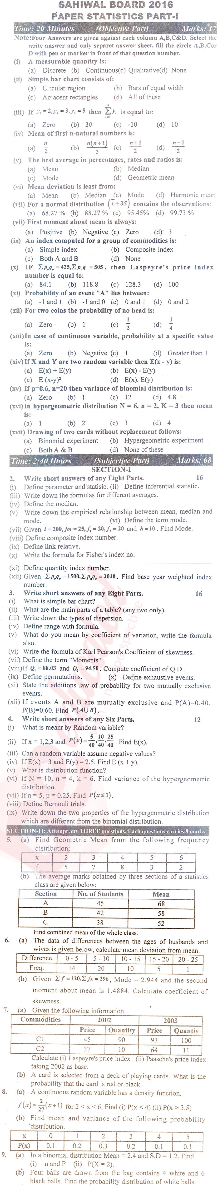 Statistics ICS Part 1 Past Paper Group 1 BISE Sahiwal 2016