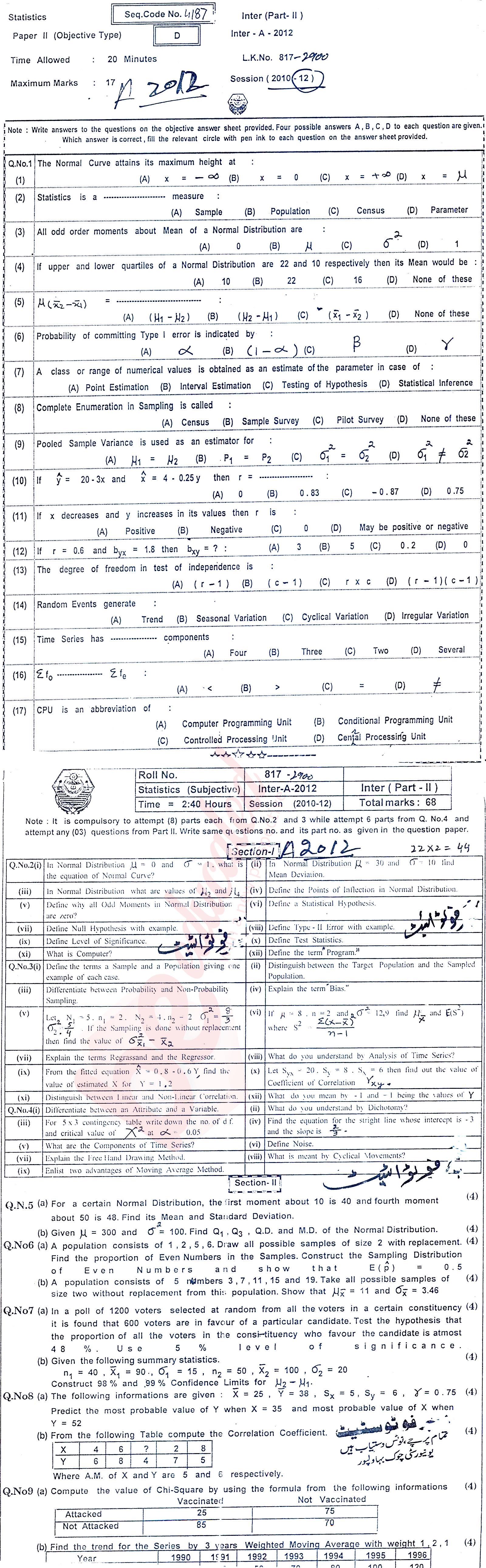 Statistics ICS Part 2 Past Paper Group 1 BISE Bahawalpur 2012