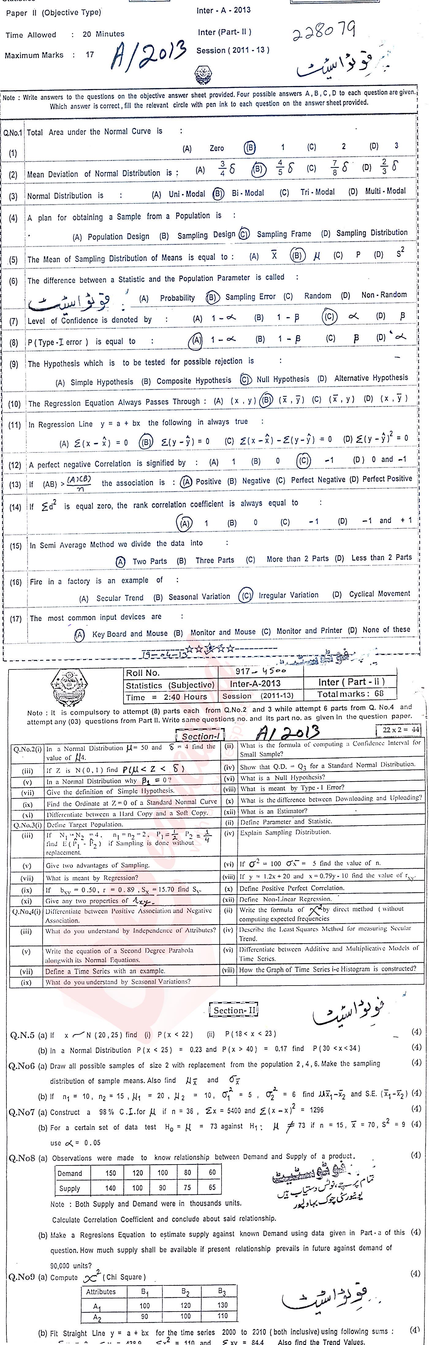 Statistics ICS Part 2 Past Paper Group 1 BISE Bahawalpur 2013