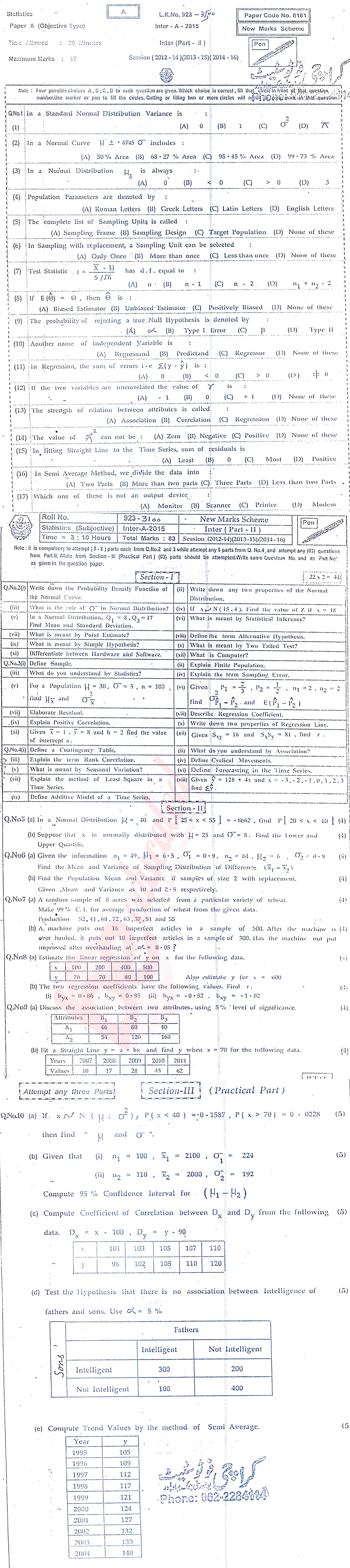 Statistics ICS Part 2 Past Paper Group 1 BISE Bahawalpur 2015