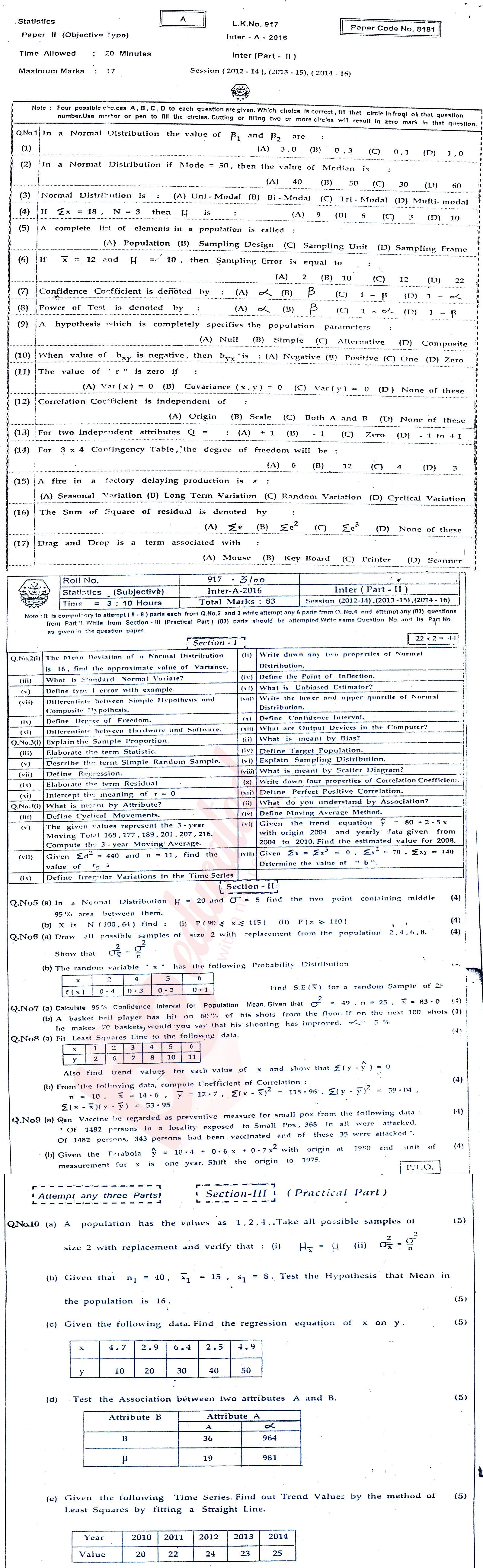 Statistics ICS Part 2 Past Paper Group 1 BISE Bahawalpur 2016