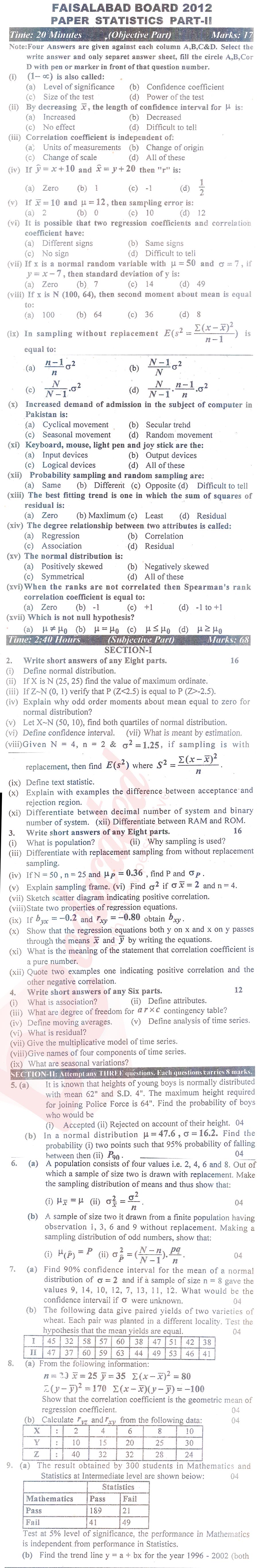 Statistics ICS Part 2 Past Paper Group 1 BISE Faisalabad 2012