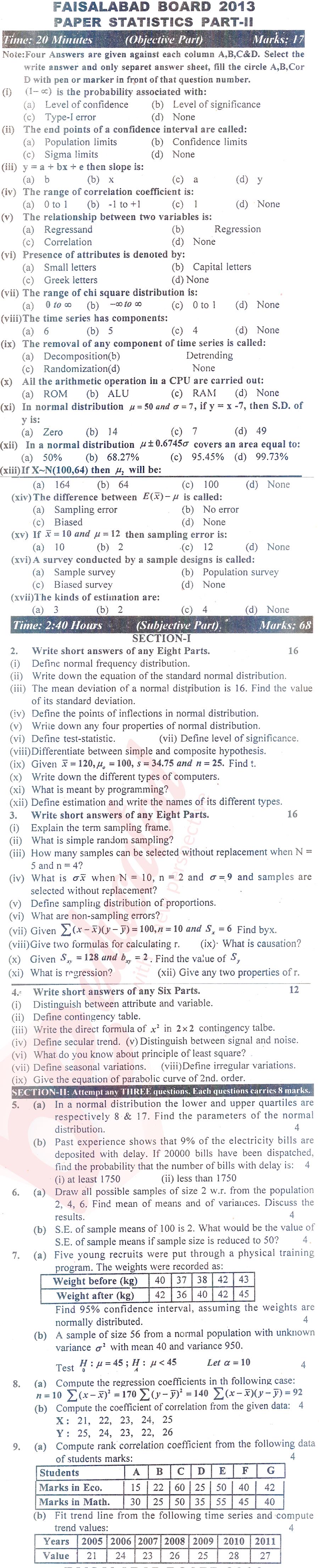 Statistics ICS Part 2 Past Paper Group 1 BISE Faisalabad 2013