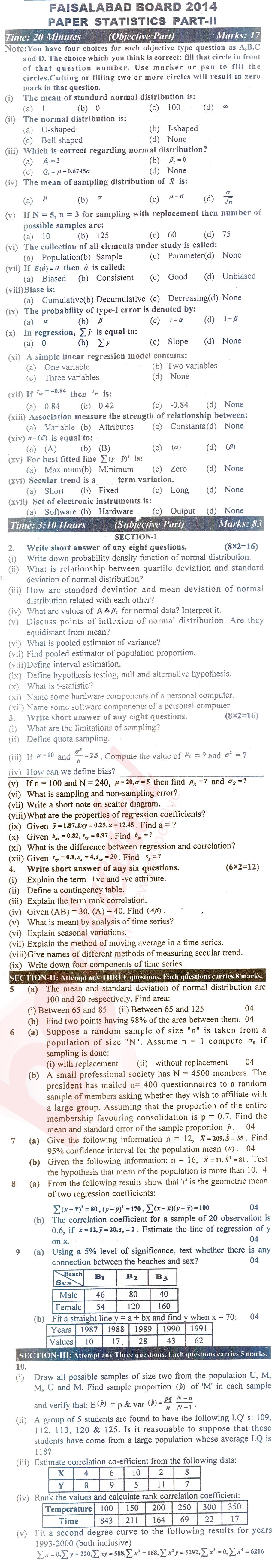 Statistics ICS Part 2 Past Paper Group 1 BISE Faisalabad 2014