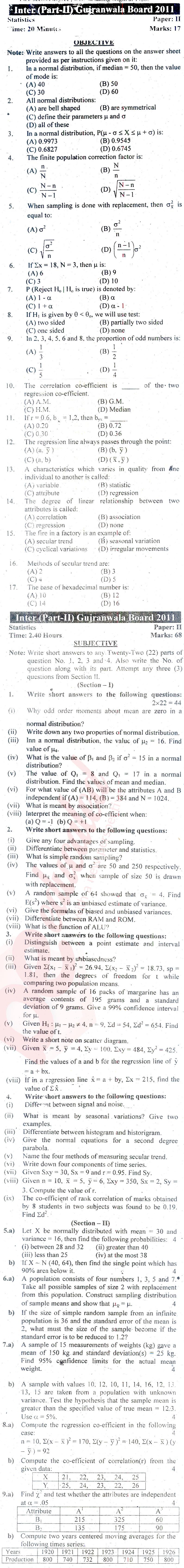 Statistics ICS Part 2 Past Paper Group 1 BISE Gujranwala 2011