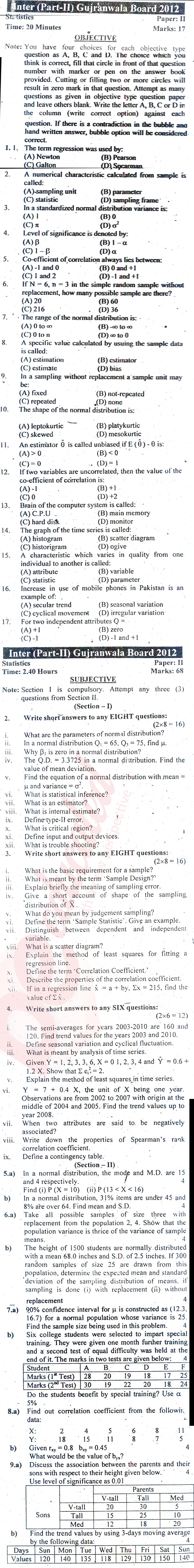 Statistics ICS Part 2 Past Paper Group 1 BISE Gujranwala 2012