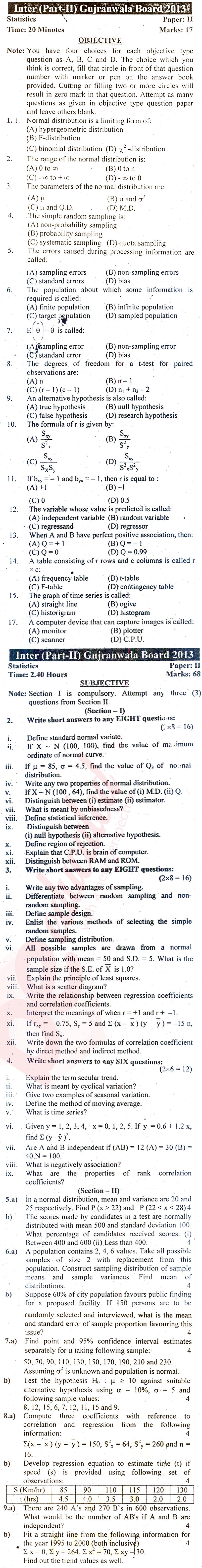 Statistics ICS Part 2 Past Paper Group 1 BISE Gujranwala 2013