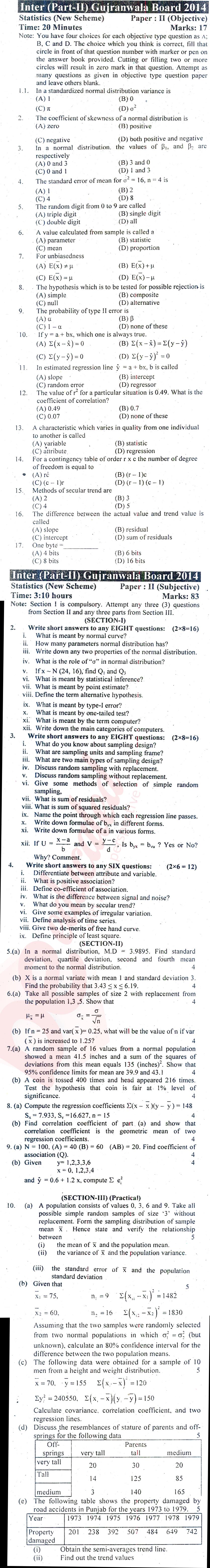 Statistics ICS Part 2 Past Paper Group 1 BISE Gujranwala 2014