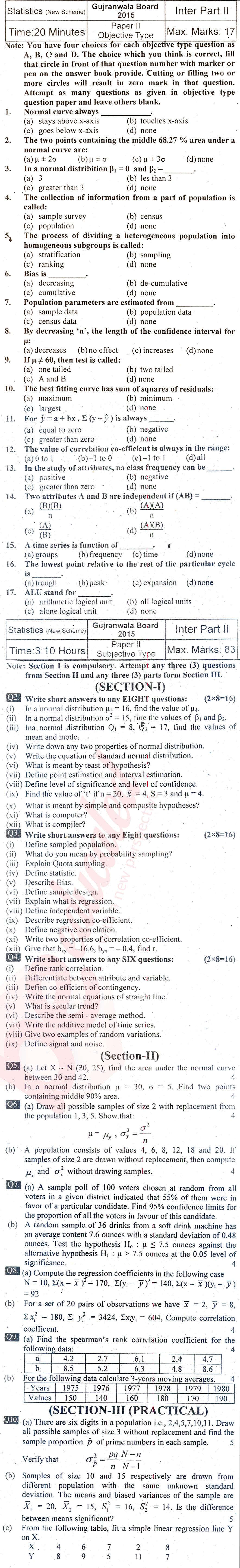 Statistics ICS Part 2 Past Paper Group 1 BISE Gujranwala 2015