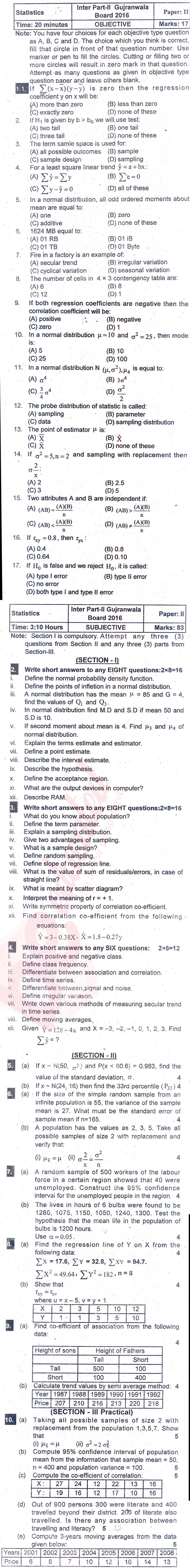 Statistics ICS Part 2 Past Paper Group 1 BISE Gujranwala 2016