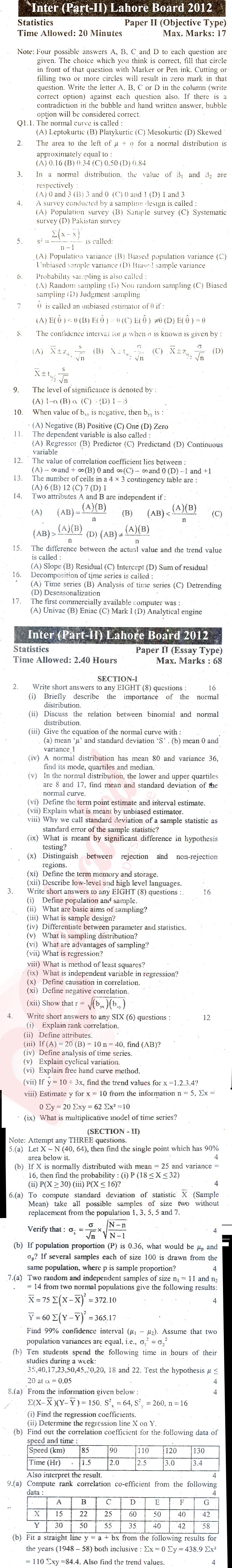 Statistics ICS Part 2 Past Paper Group 1 BISE Lahore 2012