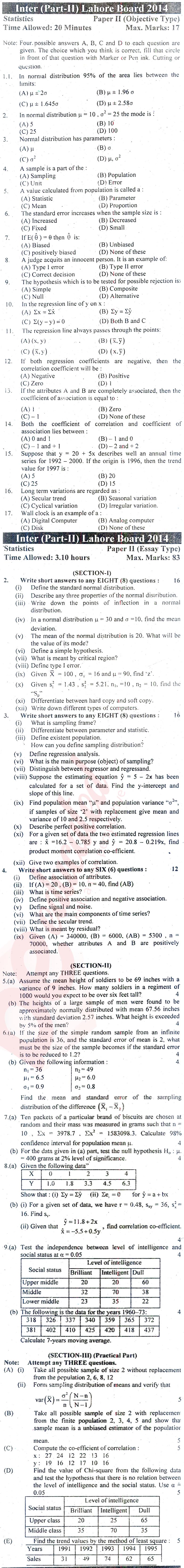 Statistics ICS Part 2 Past Paper Group 1 BISE Lahore 2014