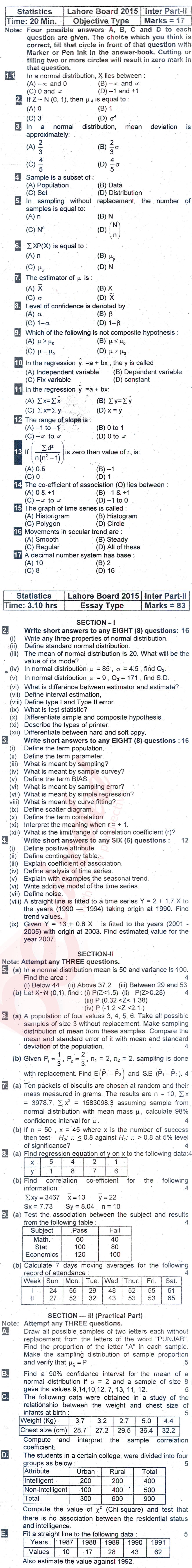 Statistics ICS Part 2 Past Paper Group 1 BISE Lahore 2015