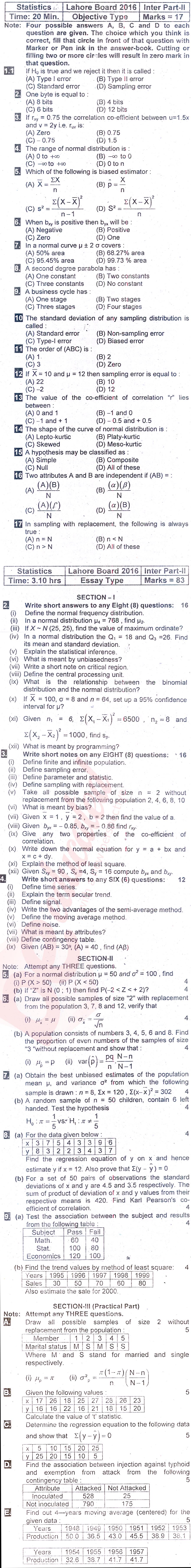 Statistics ICS Part 2 Past Paper Group 1 BISE Lahore 2016