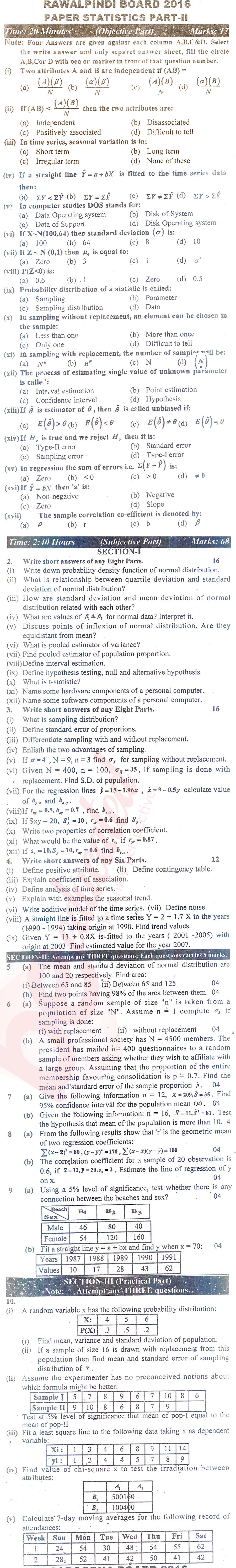 Statistics ICS Part 2 Past Paper Group 1 BISE Rawalpindi 2016