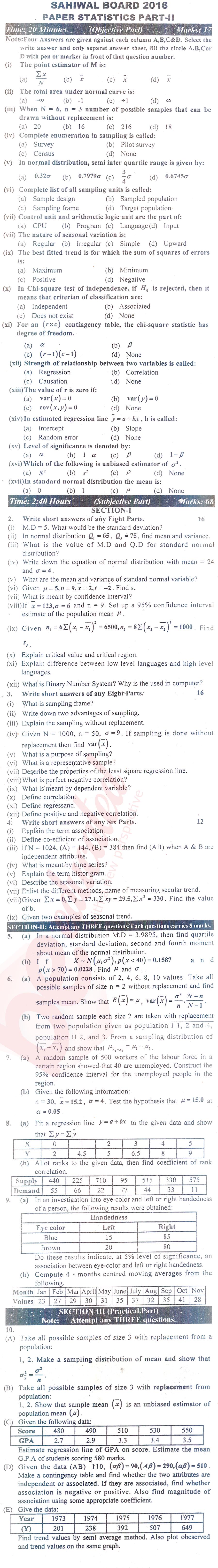 Statistics ICS Part 2 Past Paper Group 1 BISE Sahiwal 2016