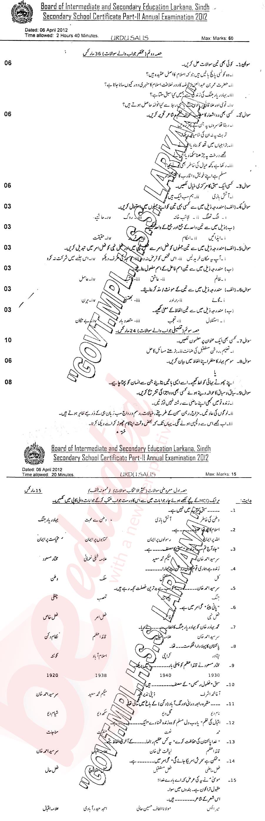 Urdu 10th class Past Paper Group 1 BISE Larkana 2012