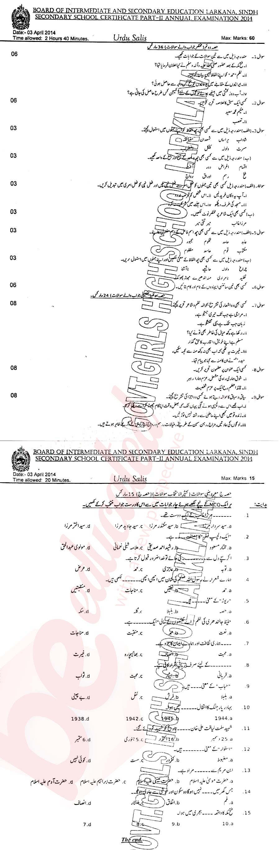 Urdu 10th class Past Paper Group 1 BISE Larkana 2014