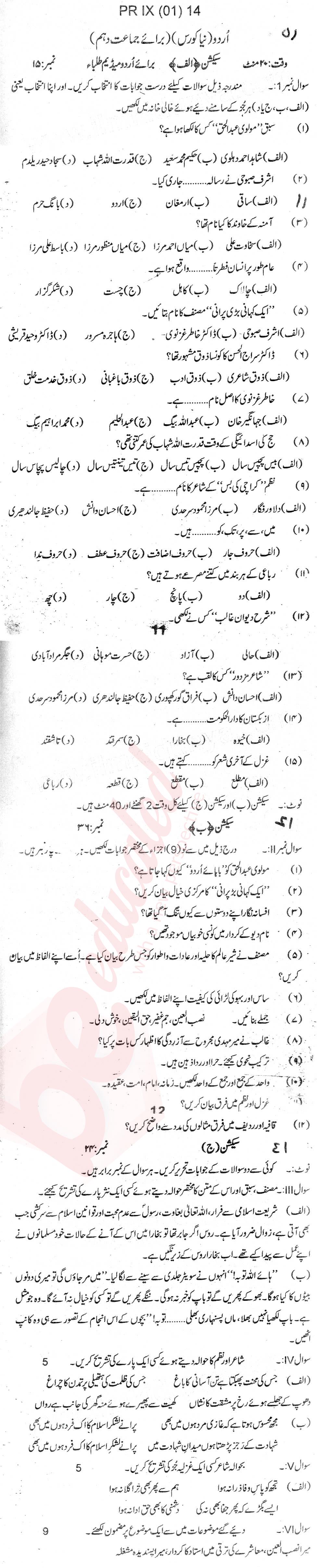 Urdu 10th Urdu Medium Past Paper Group 1 BISE Bannu 2014
