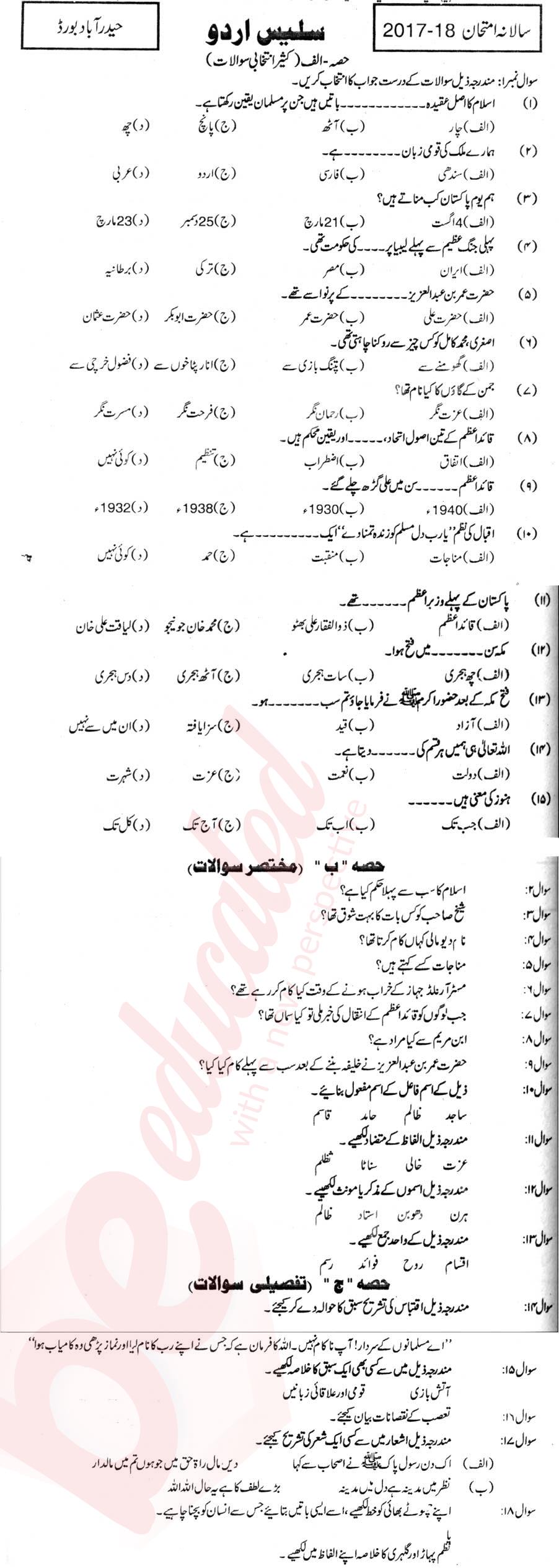 Urdu 10th Urdu Medium Past Paper Group 1 BISE Hyderabad 2017