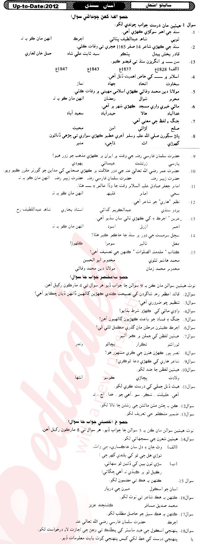 Urdu 10th Urdu Medium Past Paper Group 1 BISE Mirpurkhas 2012