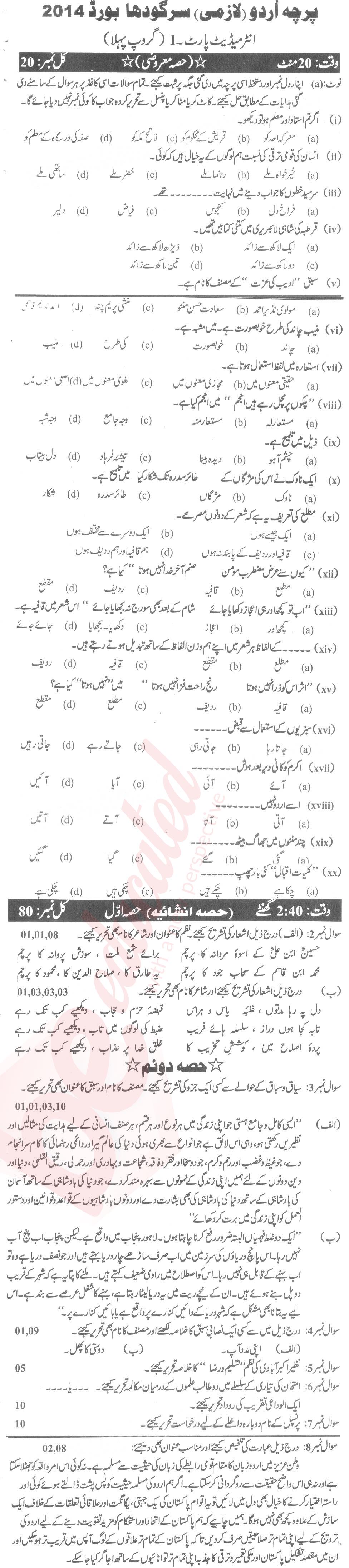 Urdu 11th class Past Paper Group 1 BISE Sargodha 2014