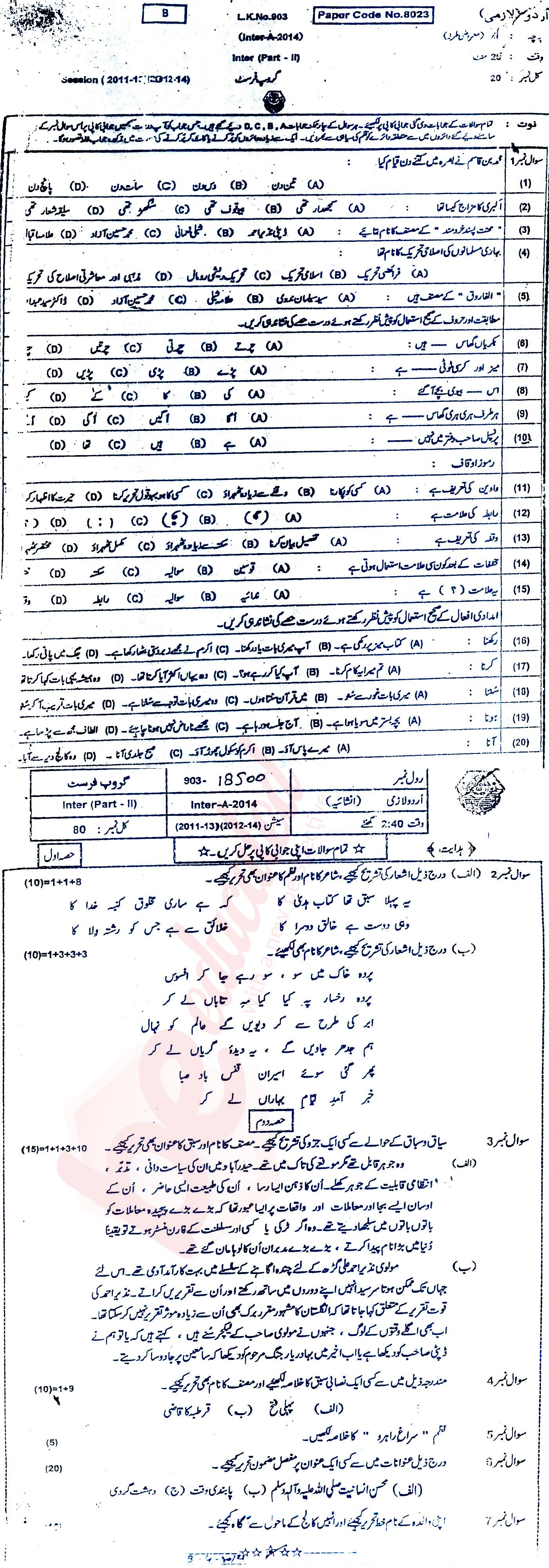 Urdu 12th class Past Paper Group 1 BISE Bahawalpur 2014