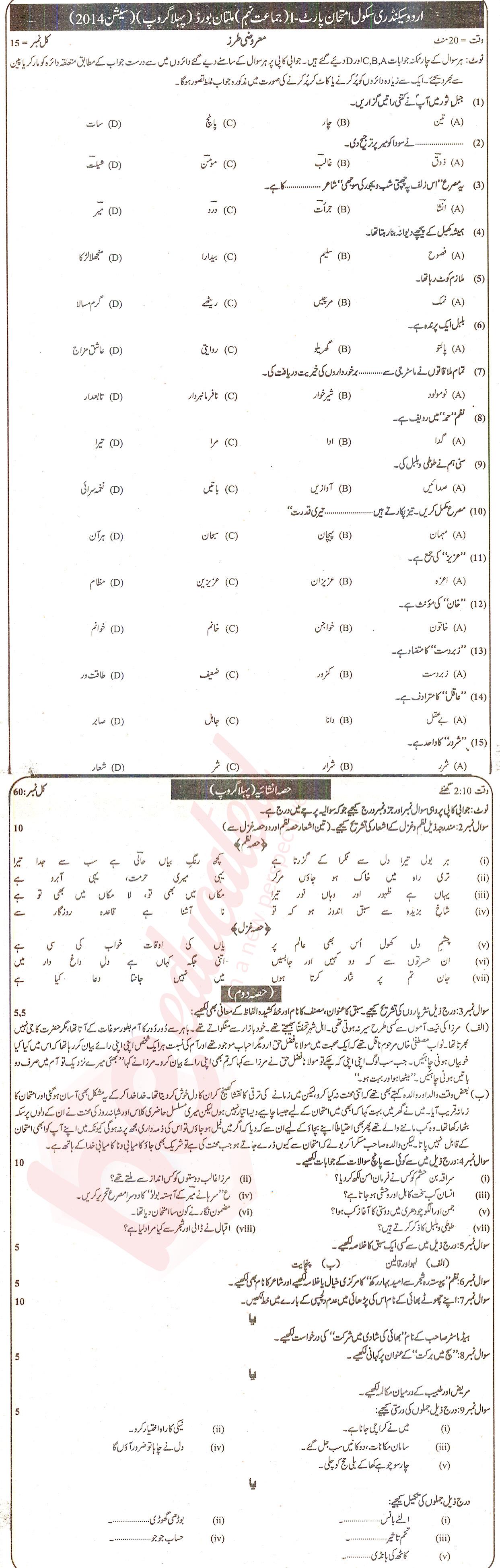 Urdu 9th class Past Paper Group 1 BISE Multan 2015
