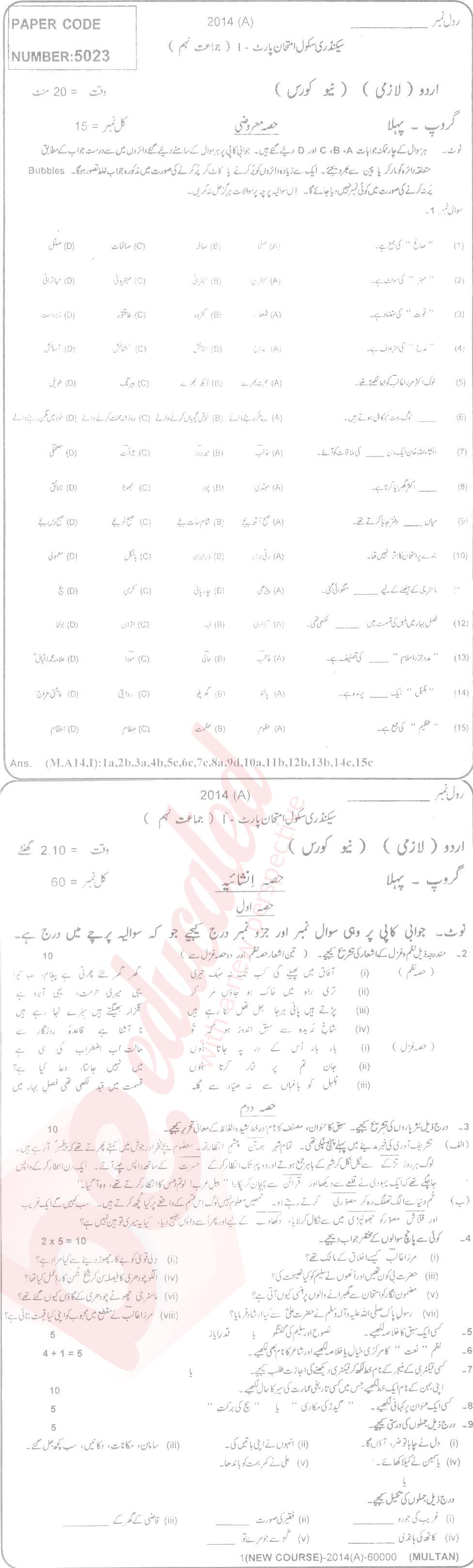 Urdu 9th Urdu Medium Past Paper Group 1 BISE Multan 2014